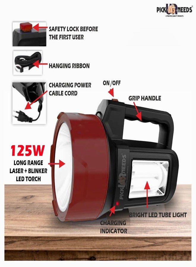 Pick Ur Needs Rechargeable Emergency LED Search Long Range Torch Light 125W with Blinker + Side Home Tube Light (Maroon) - Image 5